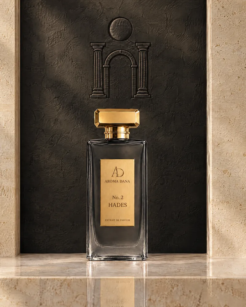 The No. 2 Hades 50 mL bottle: smoked charcoal glass, gold cap and gold label