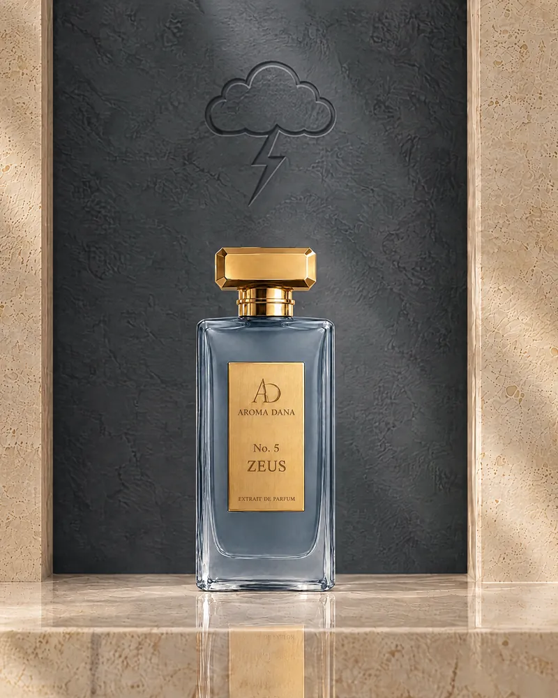 The No. 5 Zeus 50 mL bottle: slate blue glass, gold cap and gold label